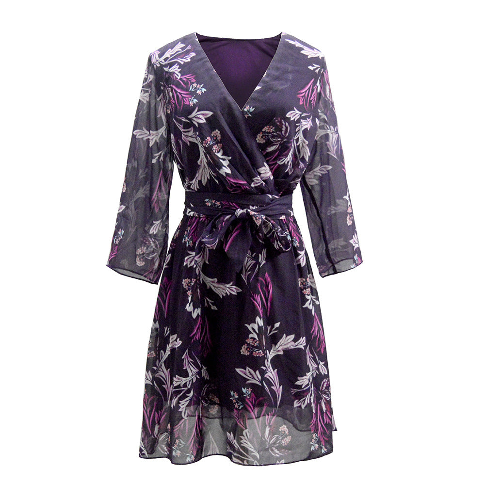 Women's wrap dress with floral design and fashionable belt