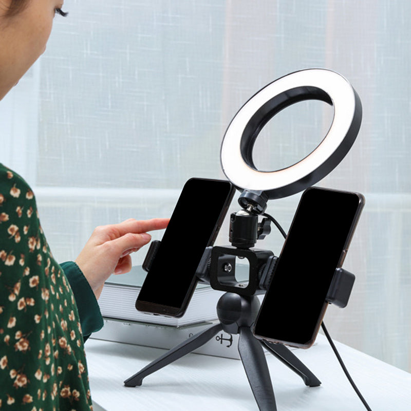 Lisslune | Modernist Circle Make-Up Lamp Metal Mobile Phone Holder LED Tripod Fill Lighting in Black