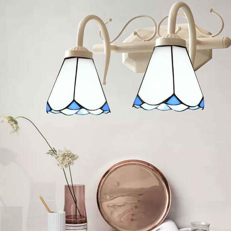 Lisslune | Traditional Cone Wall Lighting with Curved Arm White Glass 2/3 Lights Wall Lamp for Bathroom