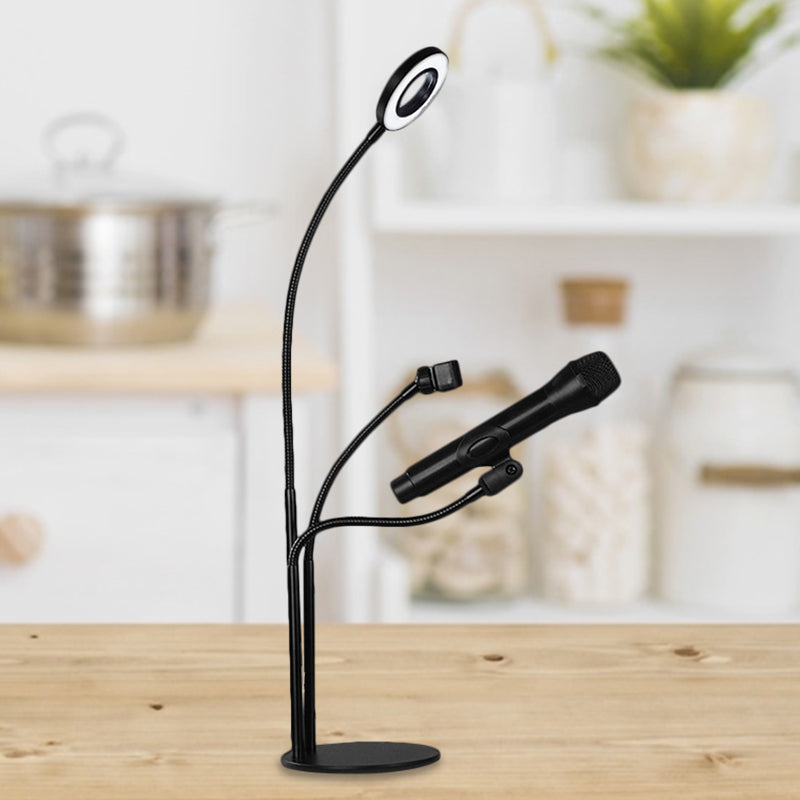 Lisslune | Metallic Round Vanity Light Contemporary Black Finish USB LED Fill Lighting with Phone Holder Design