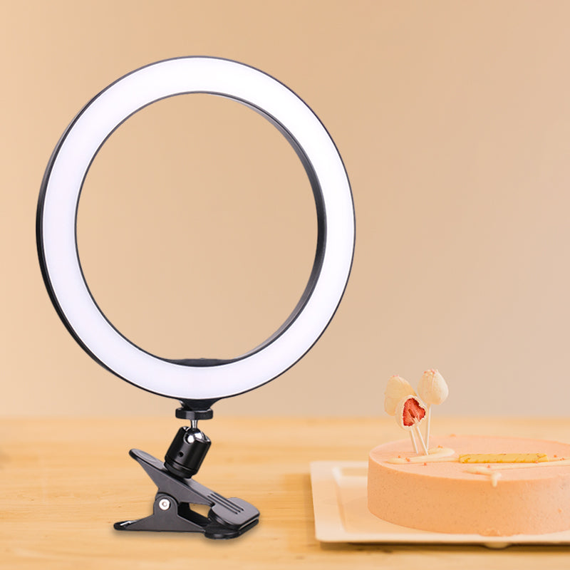 Lisslune | Contemporary Circle Clip-On Wash Light Metal Mobile Phone Holder Portable LED Fill Light in Black, 6"/8" Diameter