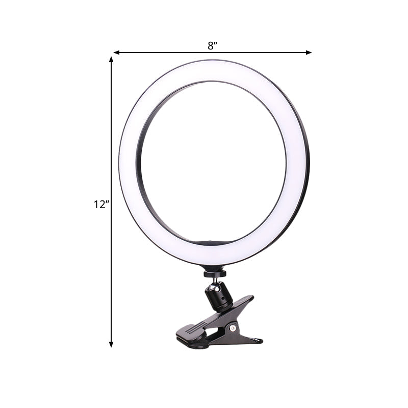 Lisslune | Contemporary Circle Clip-On Wash Light Metal Mobile Phone Holder Portable LED Fill Light in Black, 6"/8" Diameter