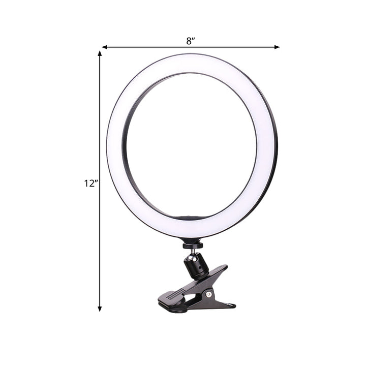 Lisslune | Contemporary Circle Clip-On Wash Light Metal Mobile Phone Holder Portable LED Fill Light in Black, 6"/8" Diameter