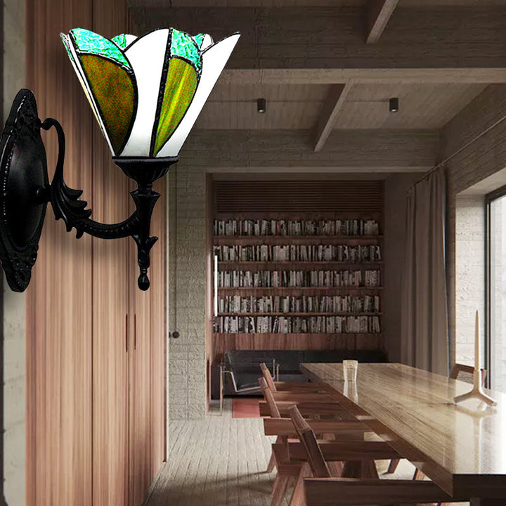 Lisslune | Feathered Glass Cone Wall Lamp Study Room 1 Head Tiffany Stylish Antique Wall Lamp in Green