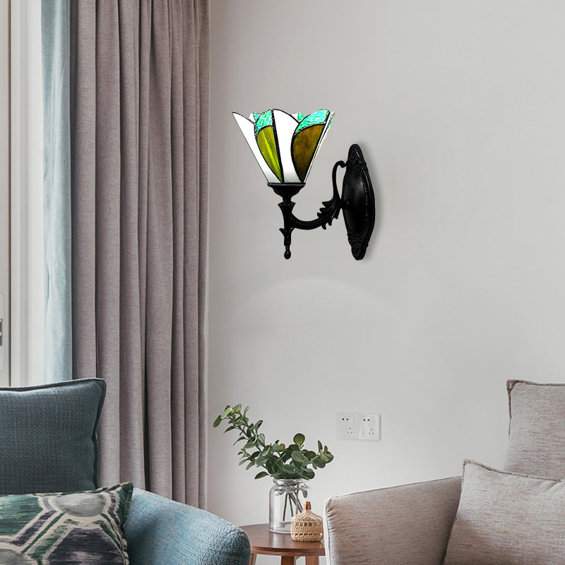 Lisslune | Feathered Glass Cone Wall Lamp Study Room 1 Head Tiffany Stylish Antique Wall Lamp in Green
