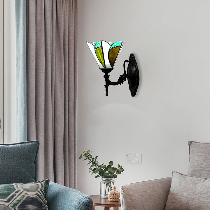 Lisslune | Feathered Glass Cone Wall Lamp Study Room 1 Head Tiffany Stylish Antique Wall Lamp in Green