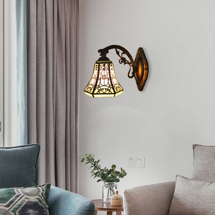Lisslune | Art Glass Bell Wall Lamp with Engraved Arm 1 Head Vintage Tiffany Wall Lamp in Black for Outdoor