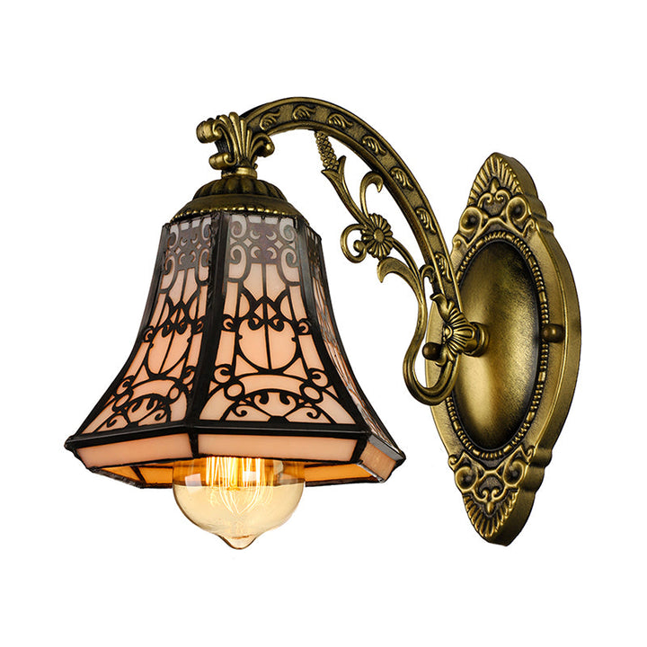 Lisslune | Art Glass Bell Wall Lamp with Engraved Arm 1 Head Vintage Tiffany Wall Lamp in Black for Outdoor