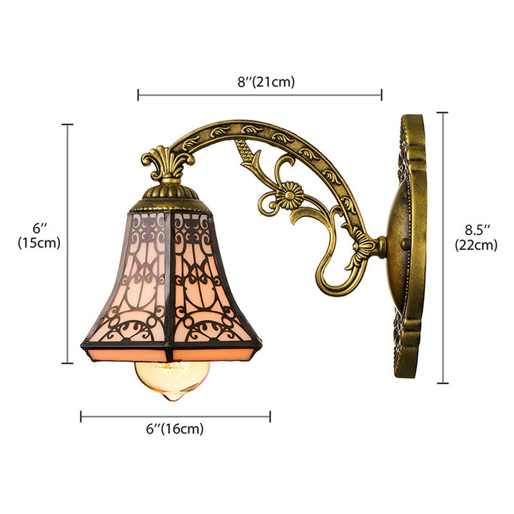 Lisslune | Art Glass Bell Wall Lamp with Engraved Arm 1 Head Vintage Tiffany Wall Lamp in Black for Outdoor