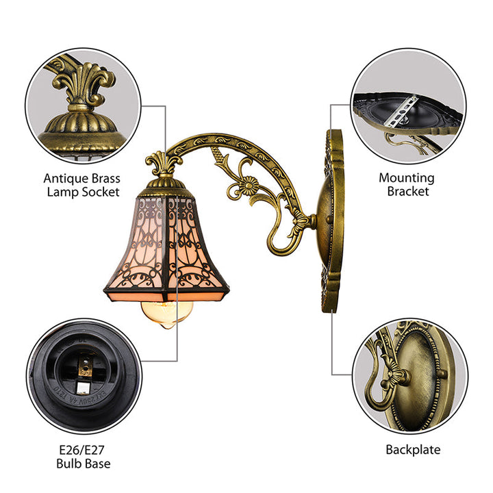 Lisslune | Art Glass Bell Wall Lamp with Engraved Arm 1 Head Vintage Tiffany Wall Lamp in Black for Outdoor