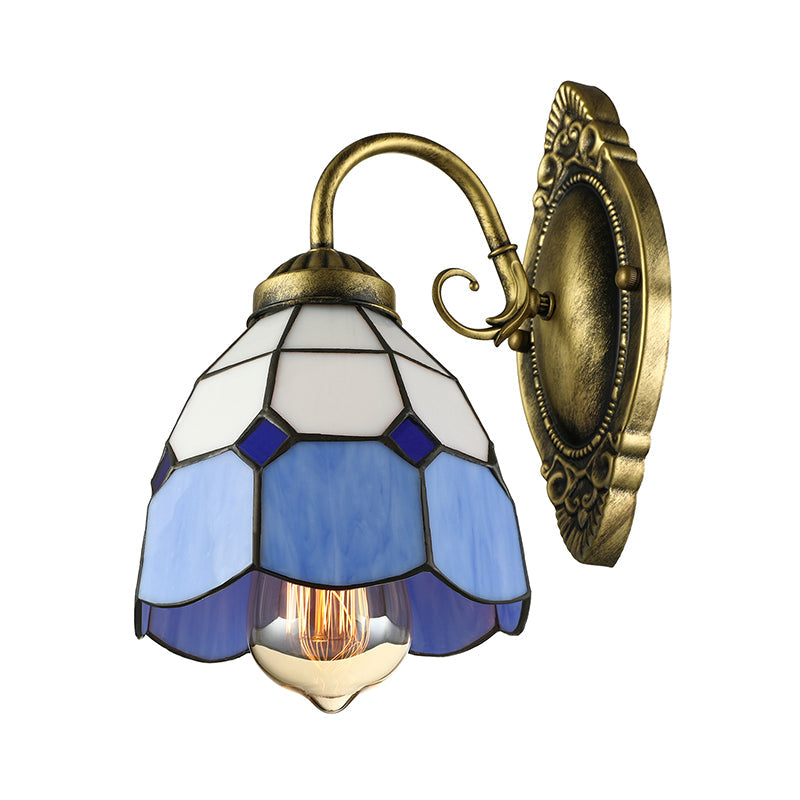 Lisslune | Vintage Style Grid Dome Wall Light 1 Bulb Art Glass Wall Light with Curved Arm in Blue for Bathroom