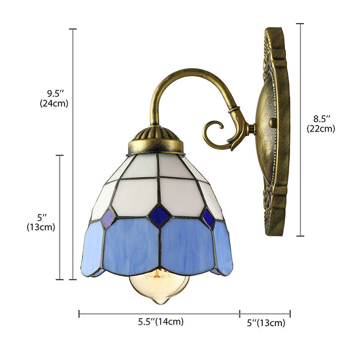 Lisslune | Vintage Style Grid Dome Wall Light 1 Bulb Art Glass Wall Light with Curved Arm in Blue for Bathroom