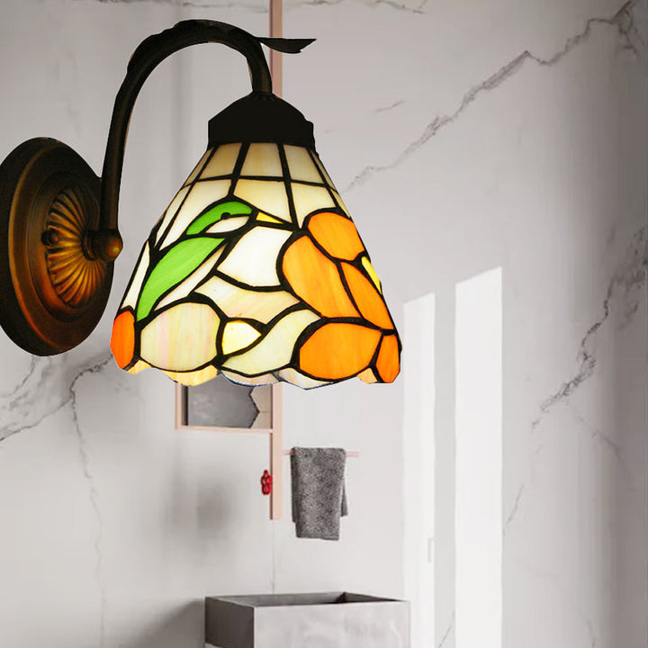 Lisslune | Rustic Tiffany Blossom Wall Lamp with Bird Stained Glass 1 Main Orange Wall Lamp for Dining Room