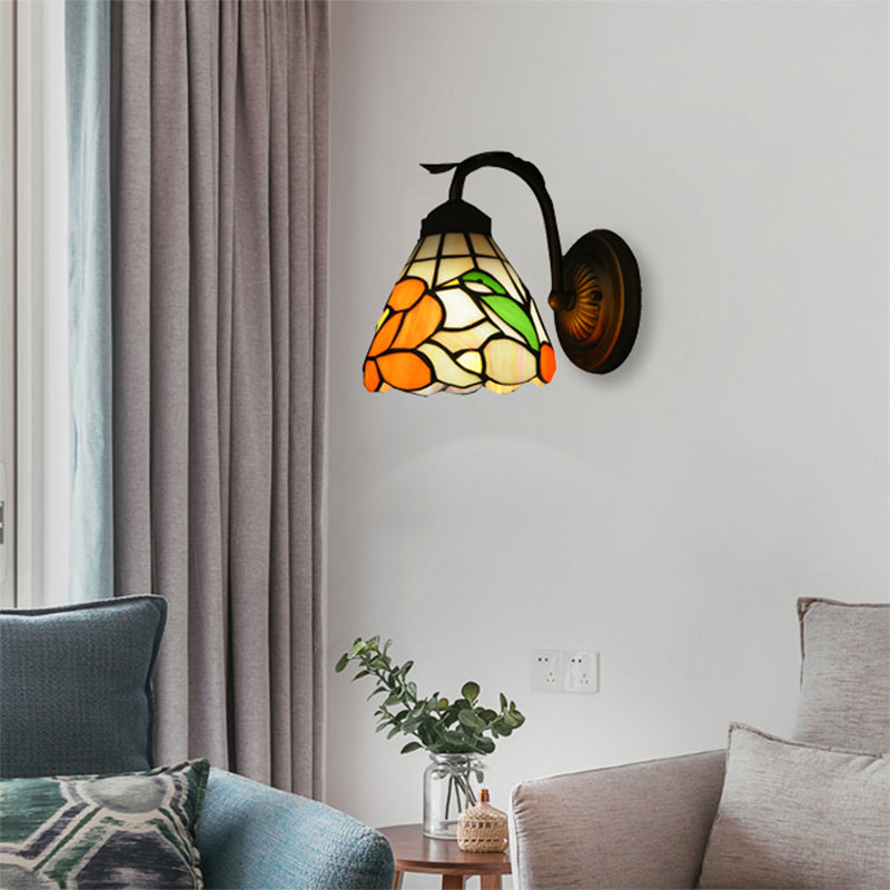 Lisslune | Rustic Tiffany Blossom Wall Lamp with Bird Stained Glass 1 Main Orange Wall Lamp for Dining Room