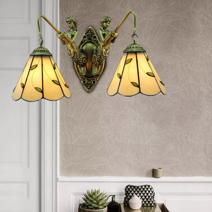Lisslune | Lily Beige Glass Wall Light Tiffany 2 Heads Brass Wall Mounted Lamp with Mermaid Back Plate