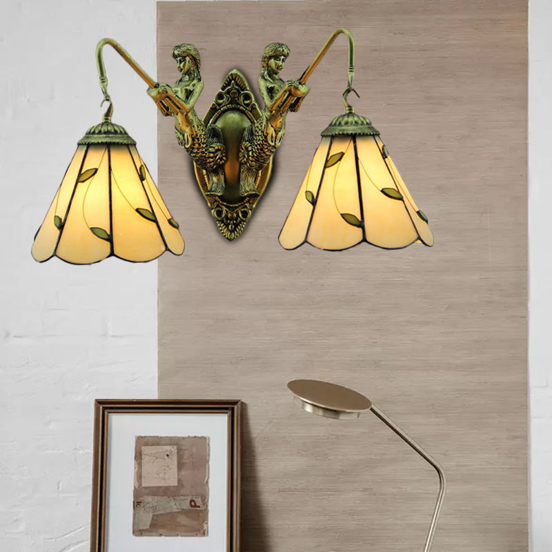 Lisslune | Lily Beige Glass Wall Light Tiffany 2 Heads Brass Wall Mounted Lamp with Mermaid Back Plate