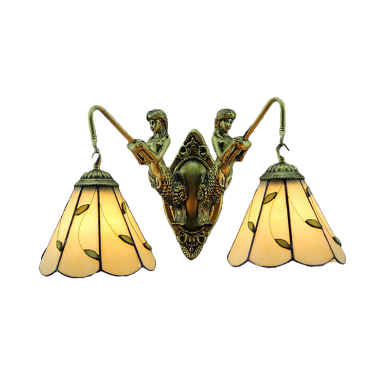 Lisslune | Lily Beige Glass Wall Light Tiffany 2 Heads Brass Wall Mounted Lamp with Mermaid Back Plate