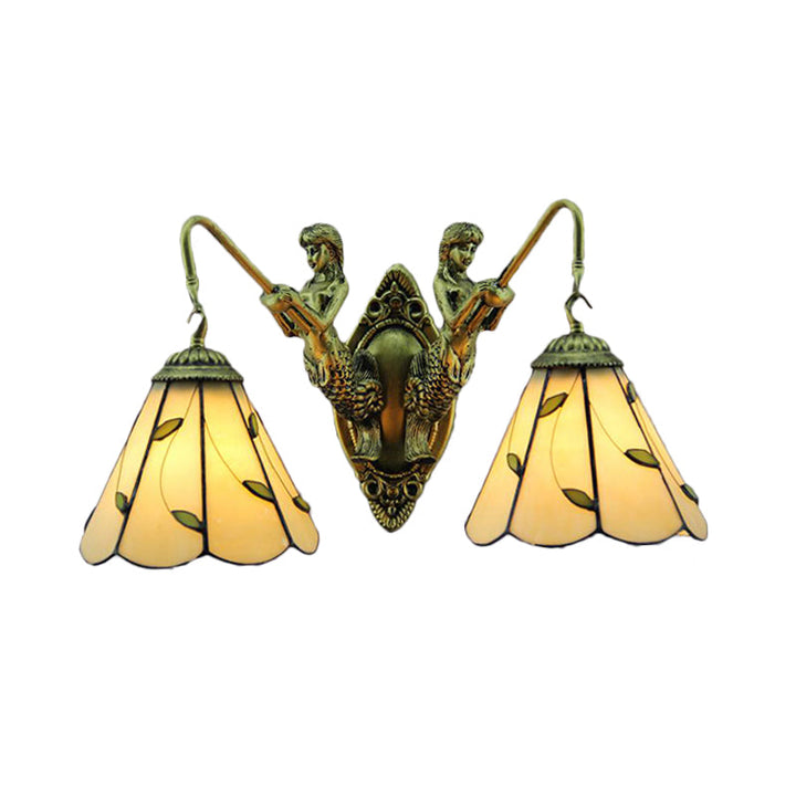 Lisslune | Lily Beige Glass Wall Light Tiffany 2 Heads Brass Wall Mounted Lamp with Mermaid Back Plate