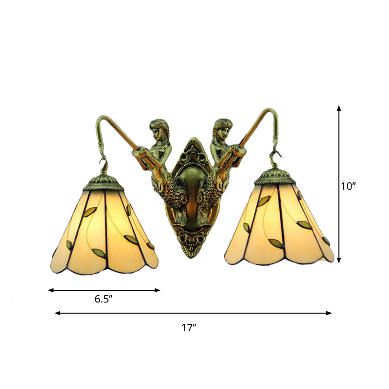 Lisslune | Lily Beige Glass Wall Light Tiffany 2 Heads Brass Wall Mounted Lamp with Mermaid Back Plate