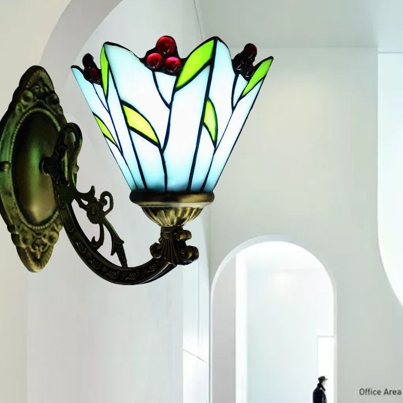 Lisslune | Stained glass flower and leaf wall lamp 1 main antique Tiffany wall light in blue for kitchen