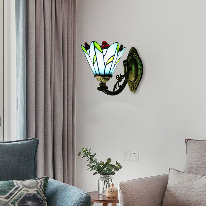 Lisslune | Stained glass flower and leaf wall lamp 1 main antique Tiffany wall light in blue for kitchen