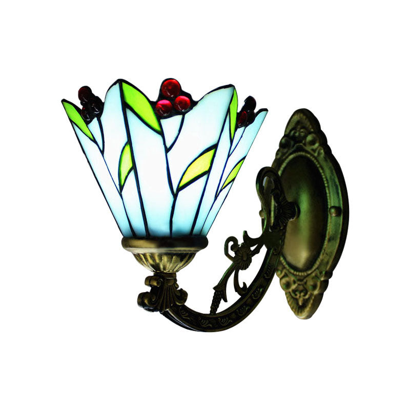 Lisslune | Stained glass flower and leaf wall lamp 1 main antique Tiffany wall light in blue for kitchen