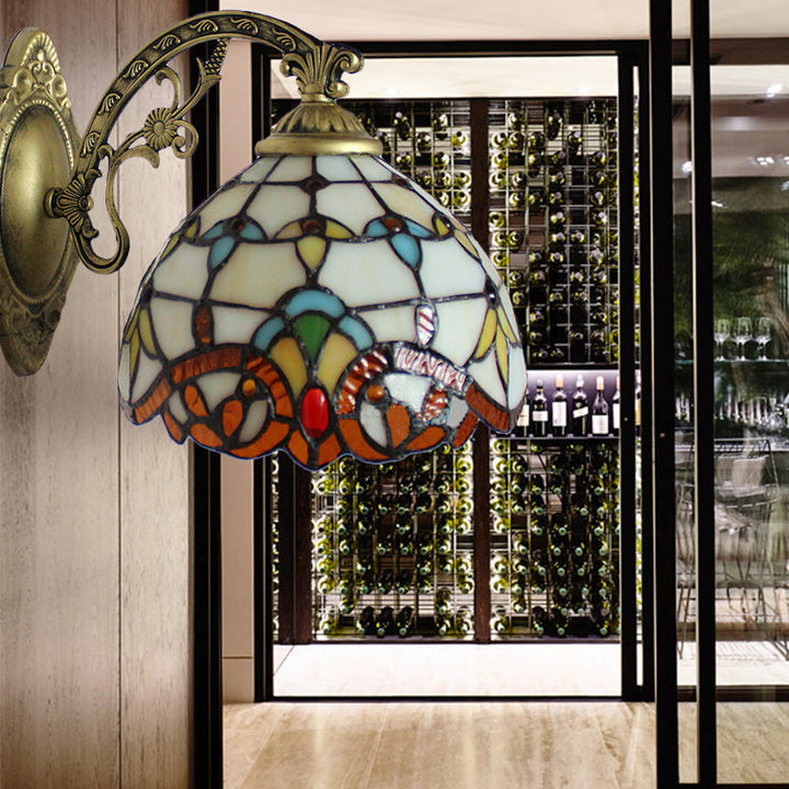 Lisslune | Beige Arched Wall Light with Engraved Arm 1 Light Tiffany Victoria Stained Glass Candle Holder for Corridor
