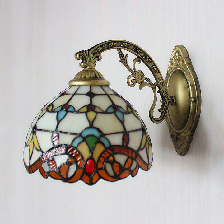 Lisslune | Beige Arched Wall Light with Engraved Arm 1 Light Tiffany Victoria Stained Glass Candle Holder for Corridor