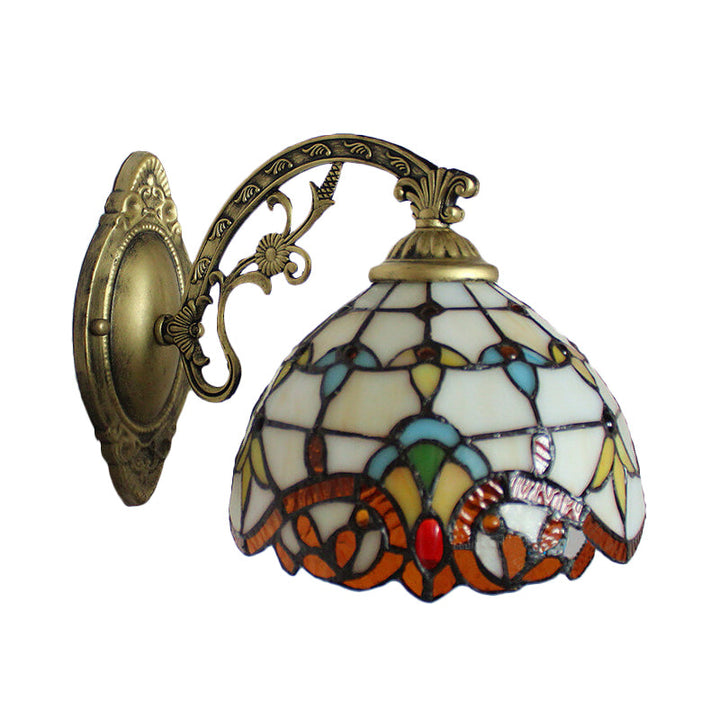 Lisslune | Beige Arched Wall Light with Engraved Arm 1 Light Tiffany Victoria Stained Glass Candle Holder for Corridor
