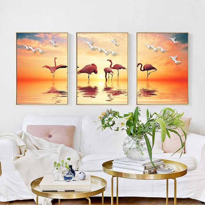 Lisslune | Tropical Flamingo and Seagull Canvas Orange Decorative Art Print for Living Room