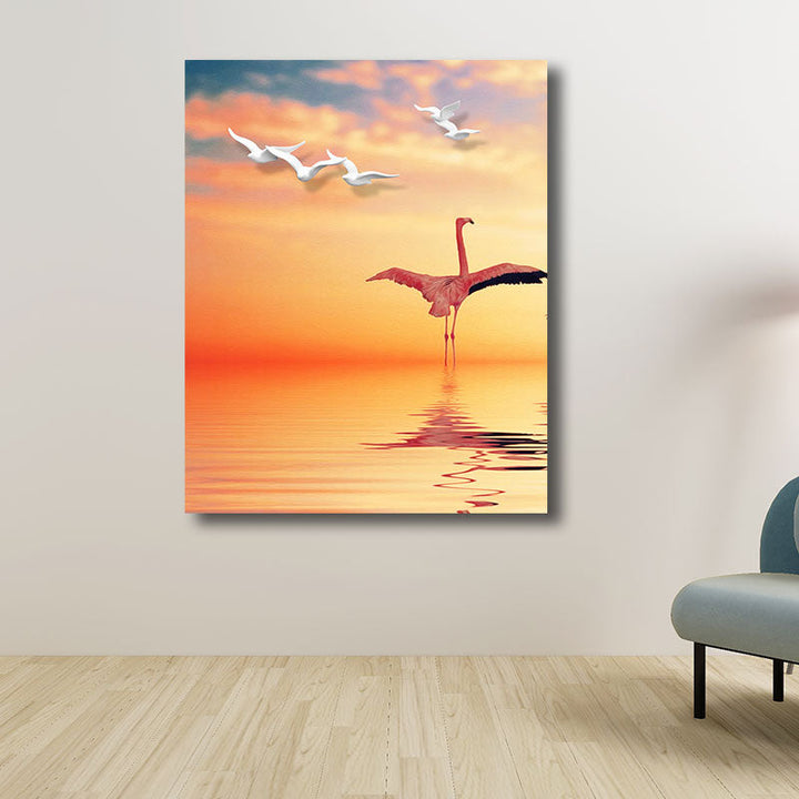 Lisslune | Tropical Flamingo and Seagull Canvas Orange Decorative Art Print for Living Room