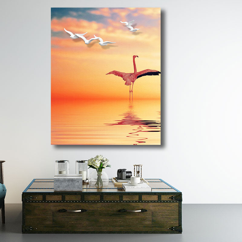Lisslune | Tropical Flamingo and Seagull Canvas Orange Decorative Art Print for Living Room