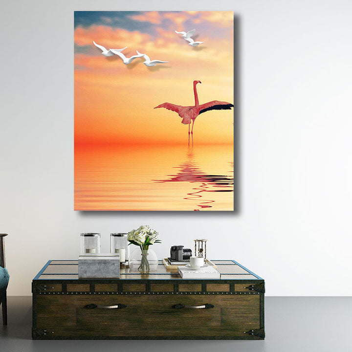 Lisslune | Tropical Flamingo and Seagull Canvas Orange Decorative Art Print for Living Room