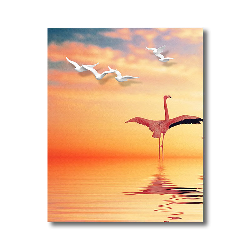 Lisslune | Tropical Flamingo and Seagull Canvas Orange Decorative Art Print for Living Room