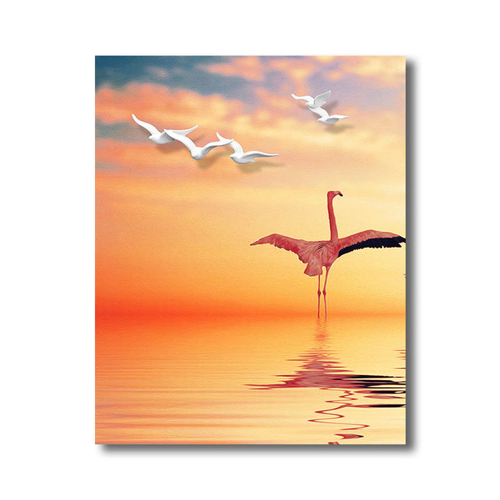 Lisslune | Tropical Flamingo and Seagull Canvas Orange Decorative Art Print for Living Room