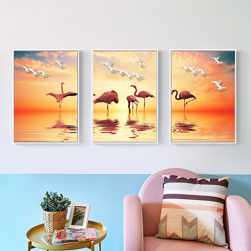 Lisslune | Tropical Flamingo and Seagull Canvas Orange Decorative Art Print for Living Room