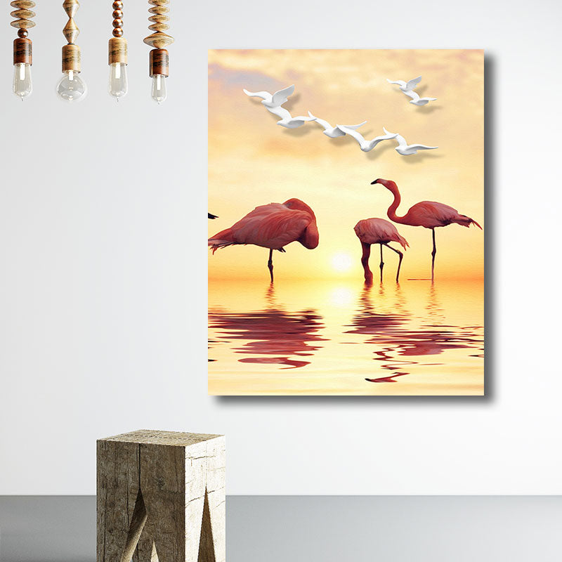 Lisslune | Tropical Flamingo and Seagull Canvas Orange Decorative Art Print for Living Room