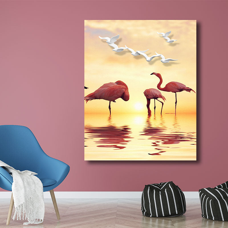 Lisslune | Tropical Flamingo and Seagull Canvas Orange Decorative Art Print for Living Room