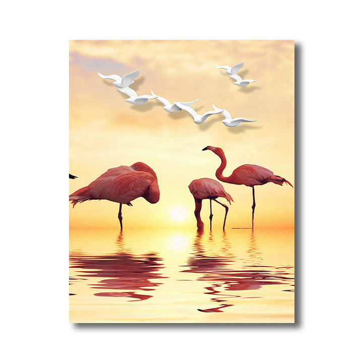 Lisslune | Tropical Flamingo and Seagull Canvas Orange Decorative Art Print for Living Room
