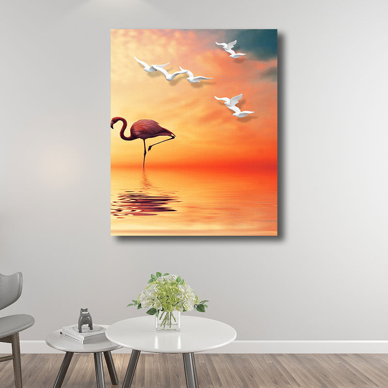 Lisslune | Tropical Flamingo and Seagull Canvas Orange Decorative Art Print for Living Room