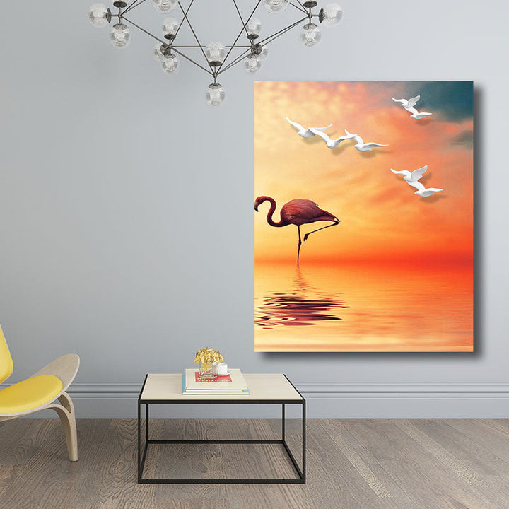 Lisslune | Tropical Flamingo and Seagull Canvas Orange Decorative Art Print for Living Room