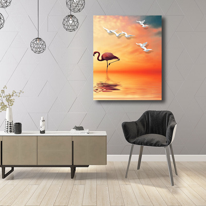 Lisslune | Tropical Flamingo and Seagull Canvas Orange Decorative Art Print for Living Room