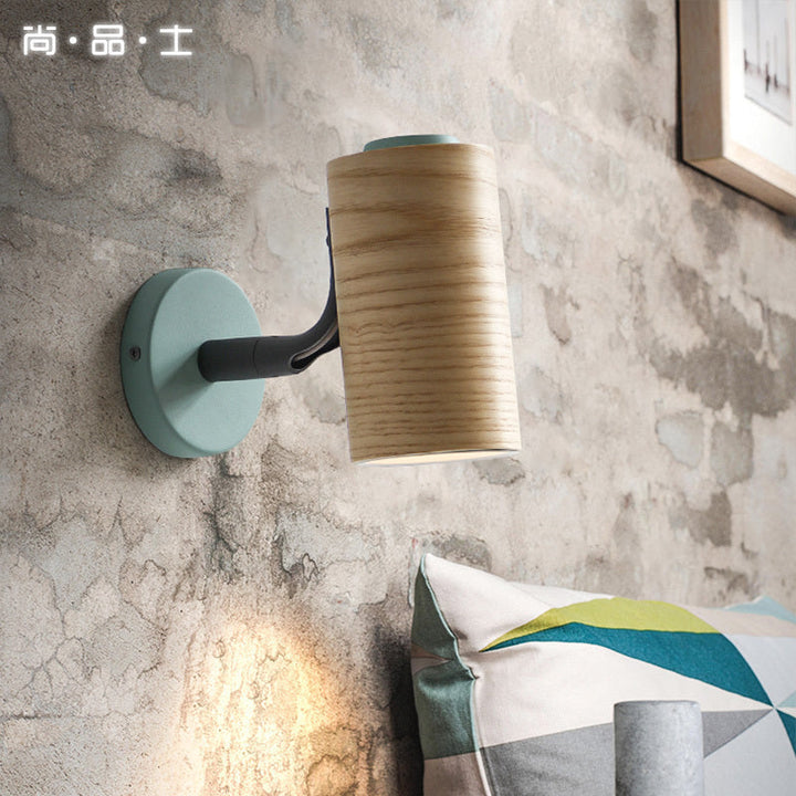 Lisslune | Cylindrical Wood Wall-Mounted Light Minimalism 1 Light Yellow/Blue/Green Wall Light for Bathroom