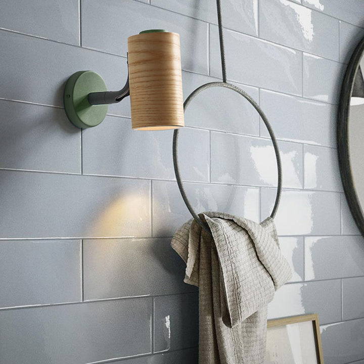 Lisslune | Cylindrical Wood Wall-Mounted Light Minimalism 1 Light Yellow/Blue/Green Wall Light for Bathroom