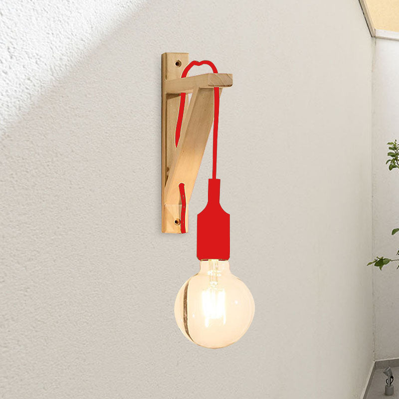 Skørter | Single Exposed Bulb Wall Mounted Lamp Stock Black/Gray/Red Silicone Wall Light with Wood Triangle Holder
