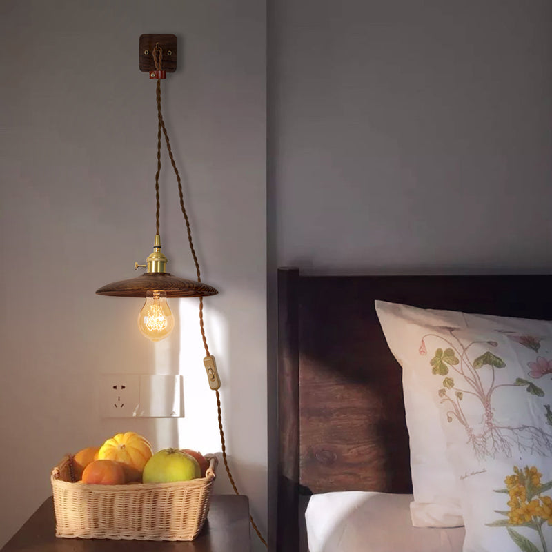 Lisslune | Wooden Tray Plug Wall Lighting Ideas Rustic 1 Light Bulb 8"/10" Wide Nightstand Wall Lamp in Brown with Extra Long Cable