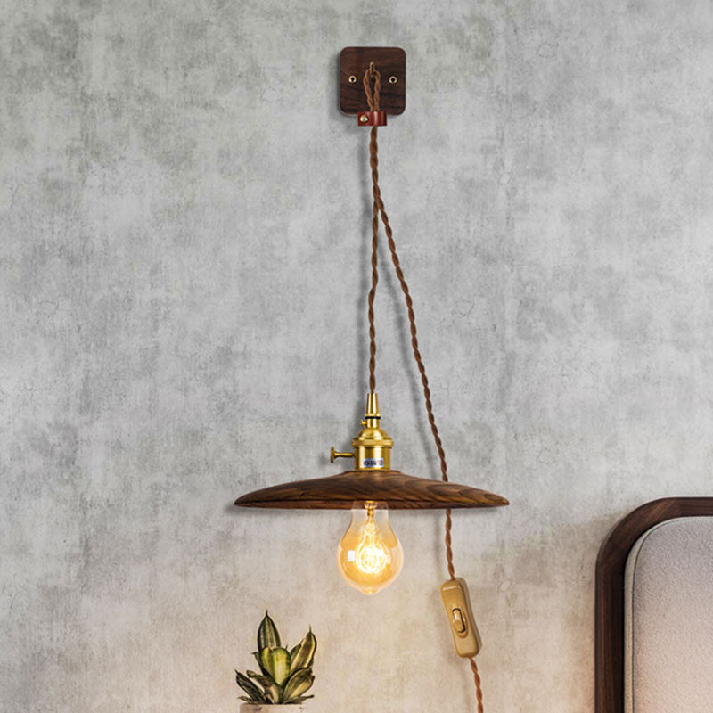 Lisslune | Wooden Tray Plug Wall Lighting Ideas Rustic 1 Light Bulb 8"/10" Wide Nightstand Wall Lamp in Brown with Extra Long Cable