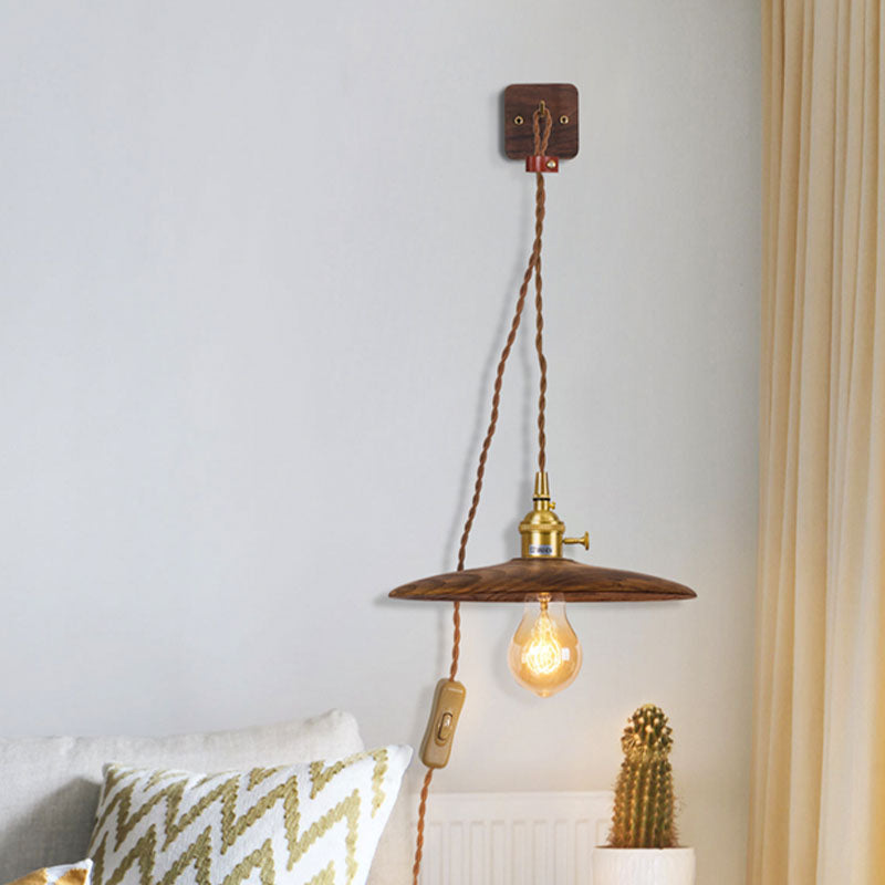 Lisslune | Wooden Tray Plug Wall Lighting Ideas Rustic 1 Light Bulb 8"/10" Wide Nightstand Wall Lamp in Brown with Extra Long Cable