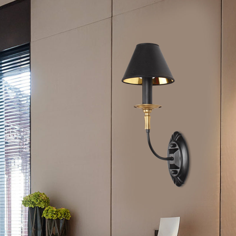 Skørter | Black 1/2-bulb wall lamp sconce vintage fabric shade wall-mounted lamp with curved arm for hallway