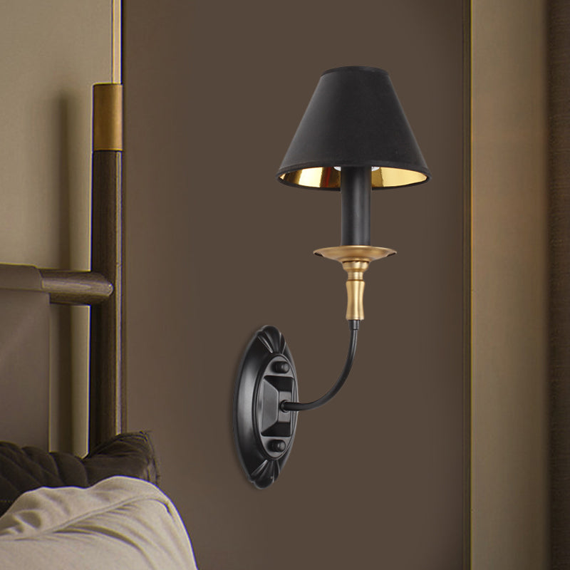 Skørter | Black 1/2-bulb wall lamp sconce vintage fabric shade wall-mounted lamp with curved arm for hallway